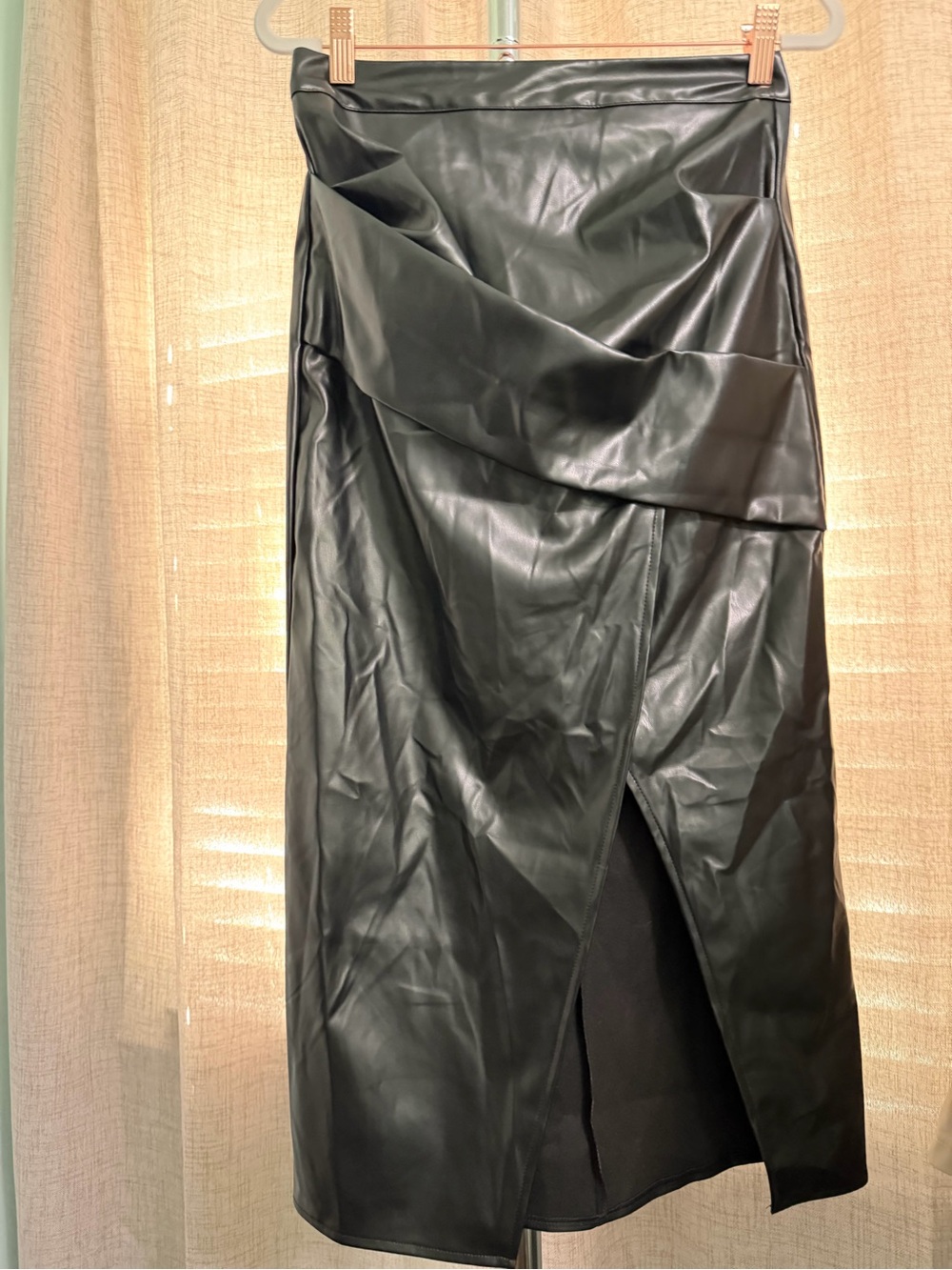 Commense Black Faux Leather Wrap Midi Skirt with Front Slit